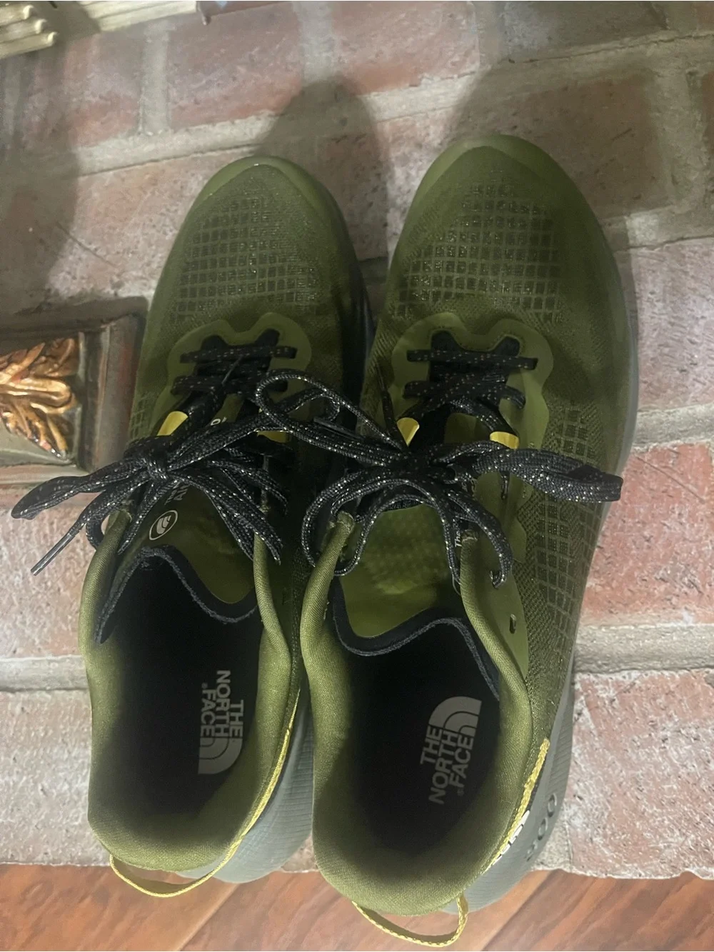 The North Face Olive Green Trail Runners with Black Laces and Yellow Accents